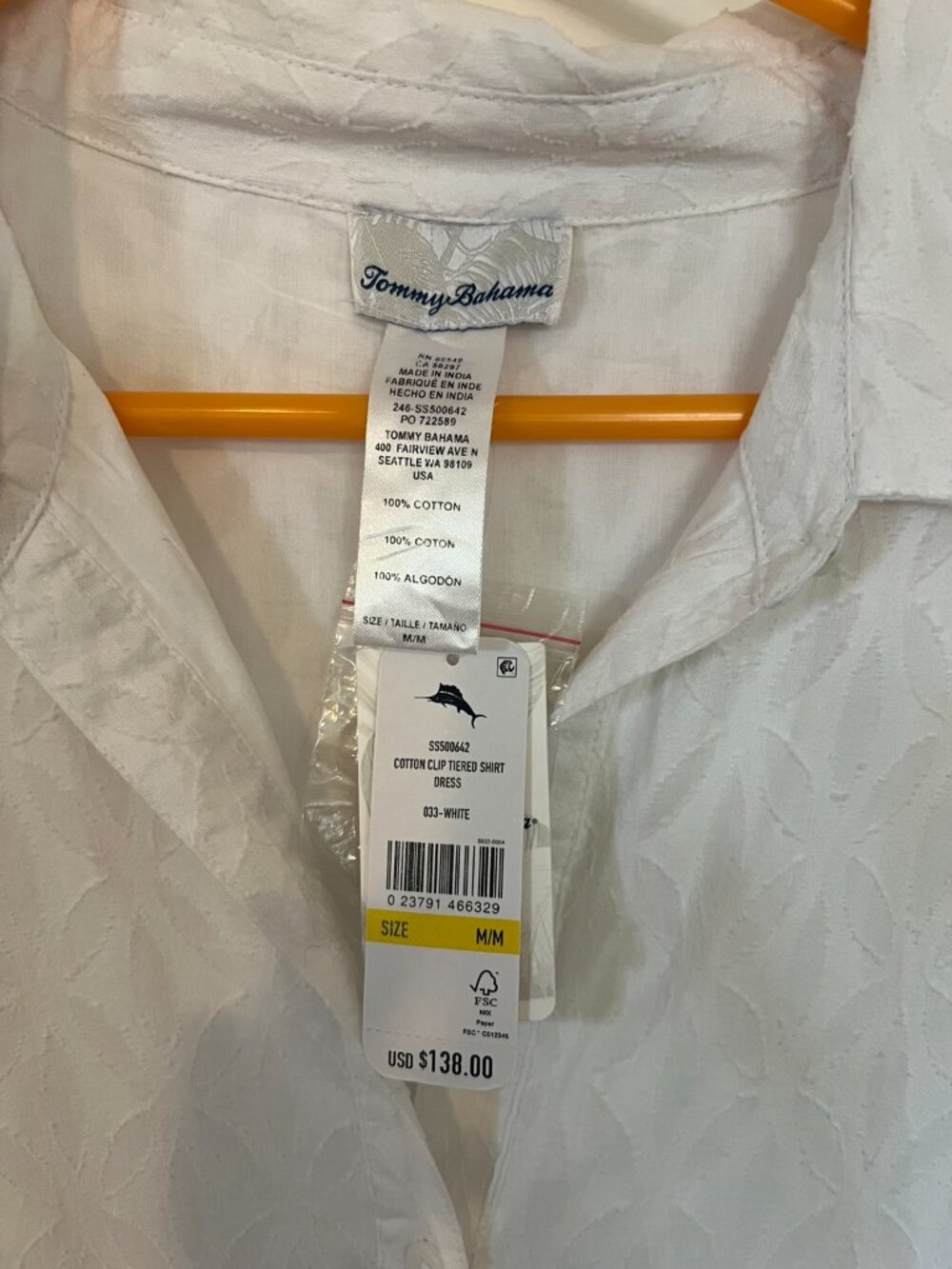 NWT Tommy Bahama Cotton Clip Tiered Shirt Dress White 100% Cotton M - Picture 3 of 3